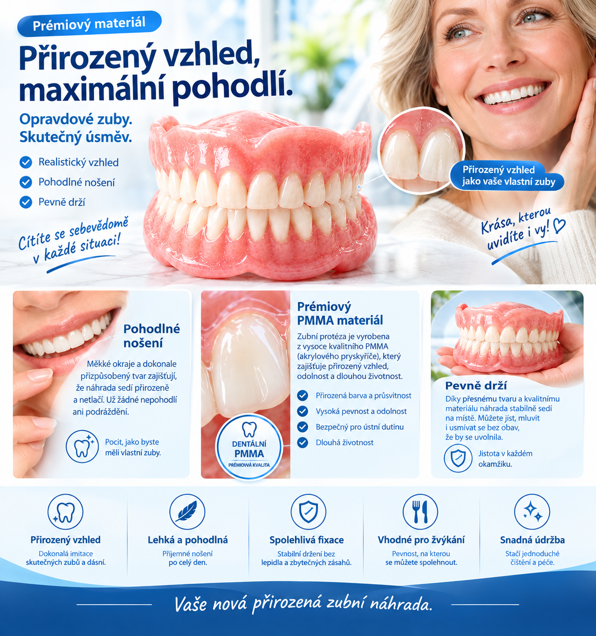 Pohodlná, jednodílná a vyjímatelná zubní náhrada, která perfektně sedí a snadno se čistí.