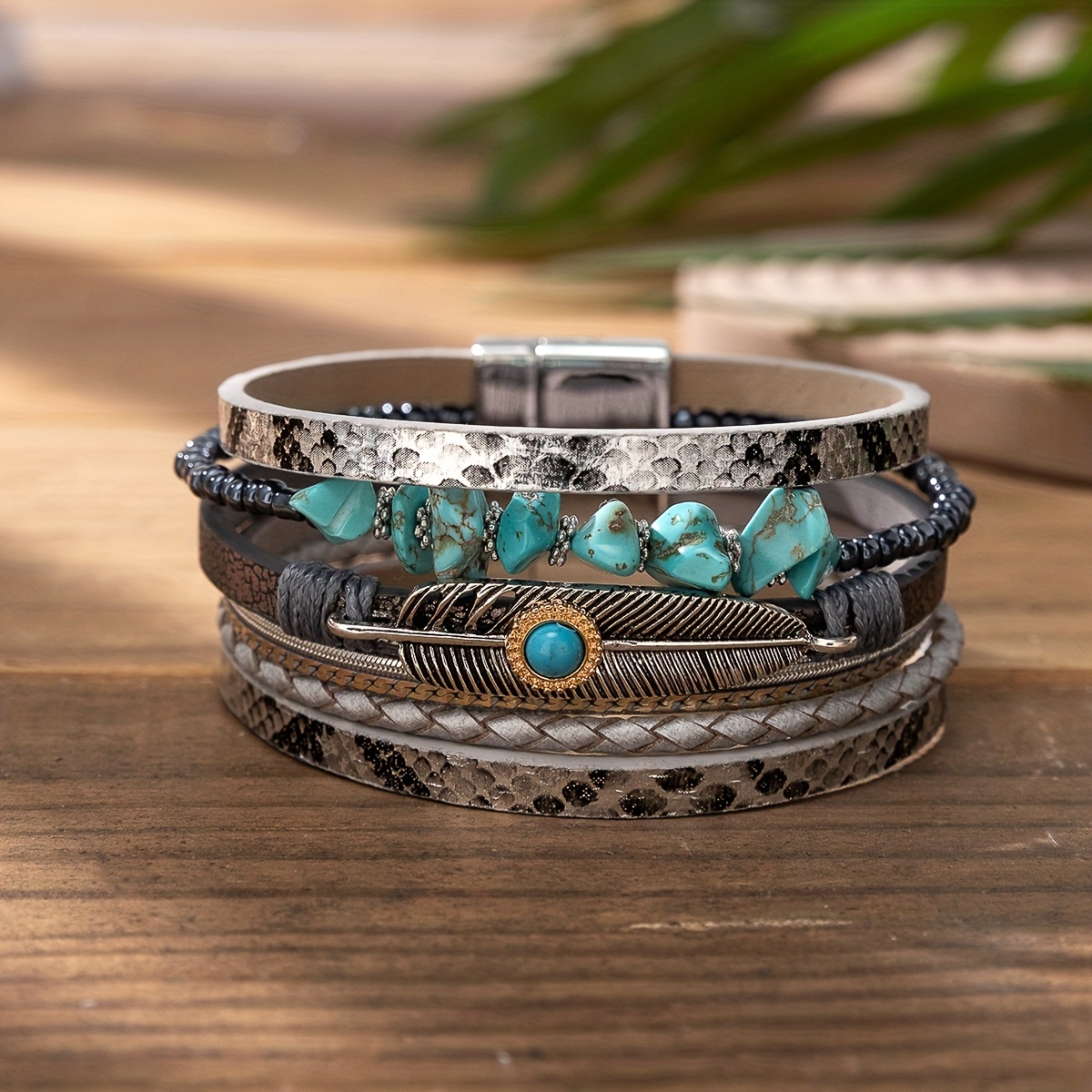 🎁 50% sleva na všechny produkty !🌟Vícevrstvý náramek z kůže s magnetickým zapínáním Český zavinovací náramek Vintage Style Ruční ozdoby Vzor hadí kůže💫