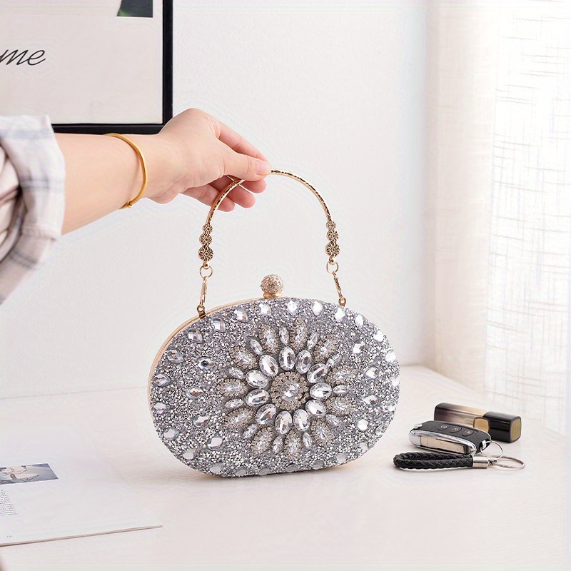 🎁 50% sleva na všechny produkty !💎Dámská kabelka na ruce s kamínkovou květinovou rukojetí z lesklé kůže✨