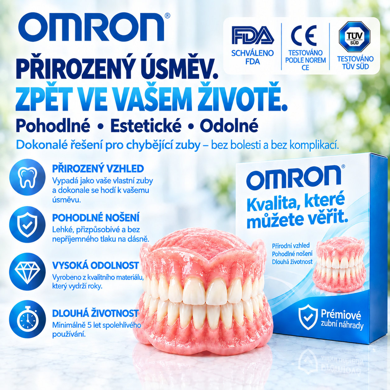 🦷 OMRON™ – Zubní náhrady z dentální PMMA pryskyřice – přirozený odstín, vysoká odolnost a pohodlné přizpůsobení ústní dutině.