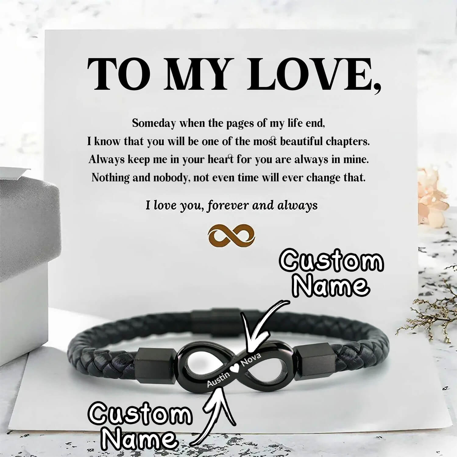 To My Love - I Love You Forever And Always - Infinity Leather Bracelet