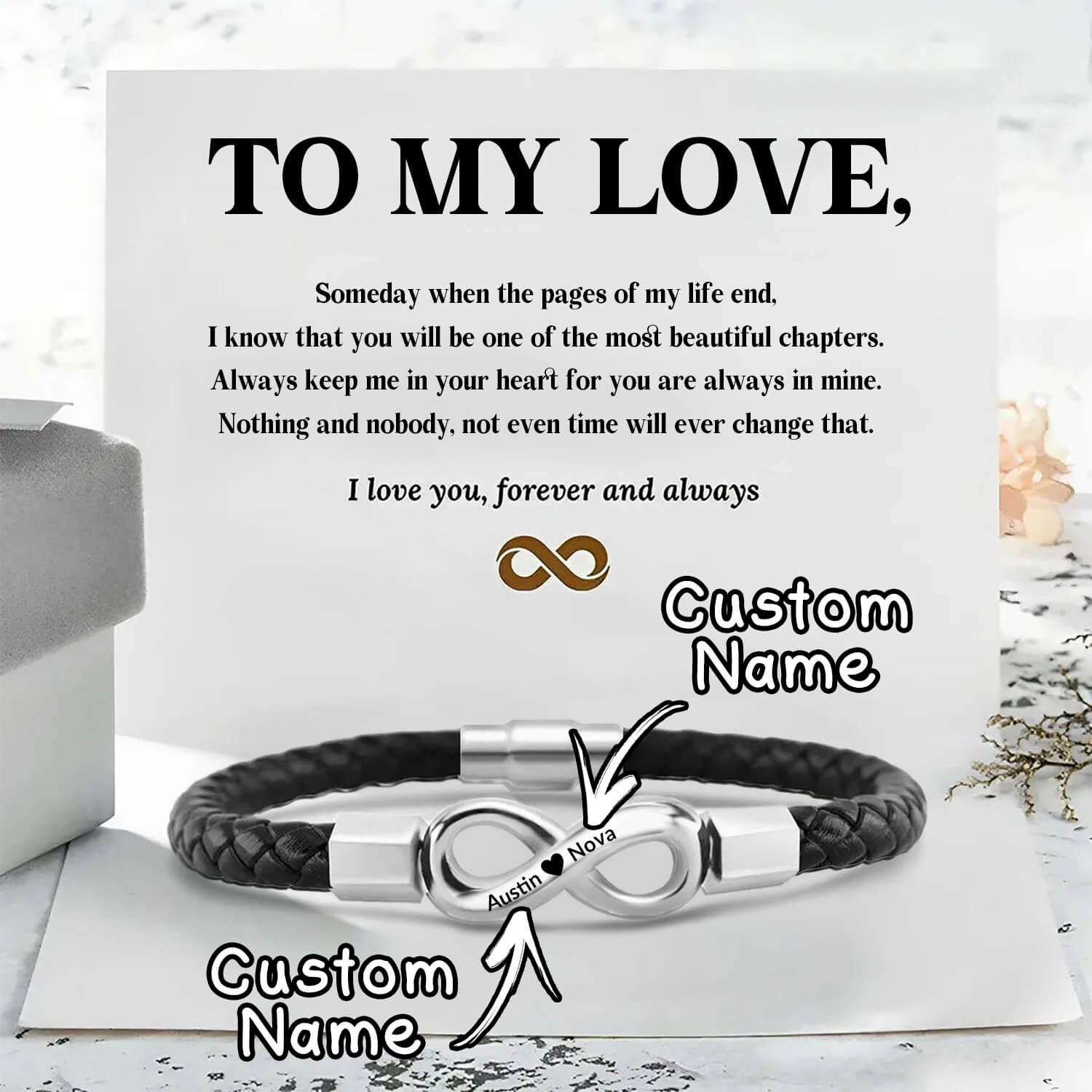 To My Love - I Love You Forever And Always - Infinity Leather Bracelet