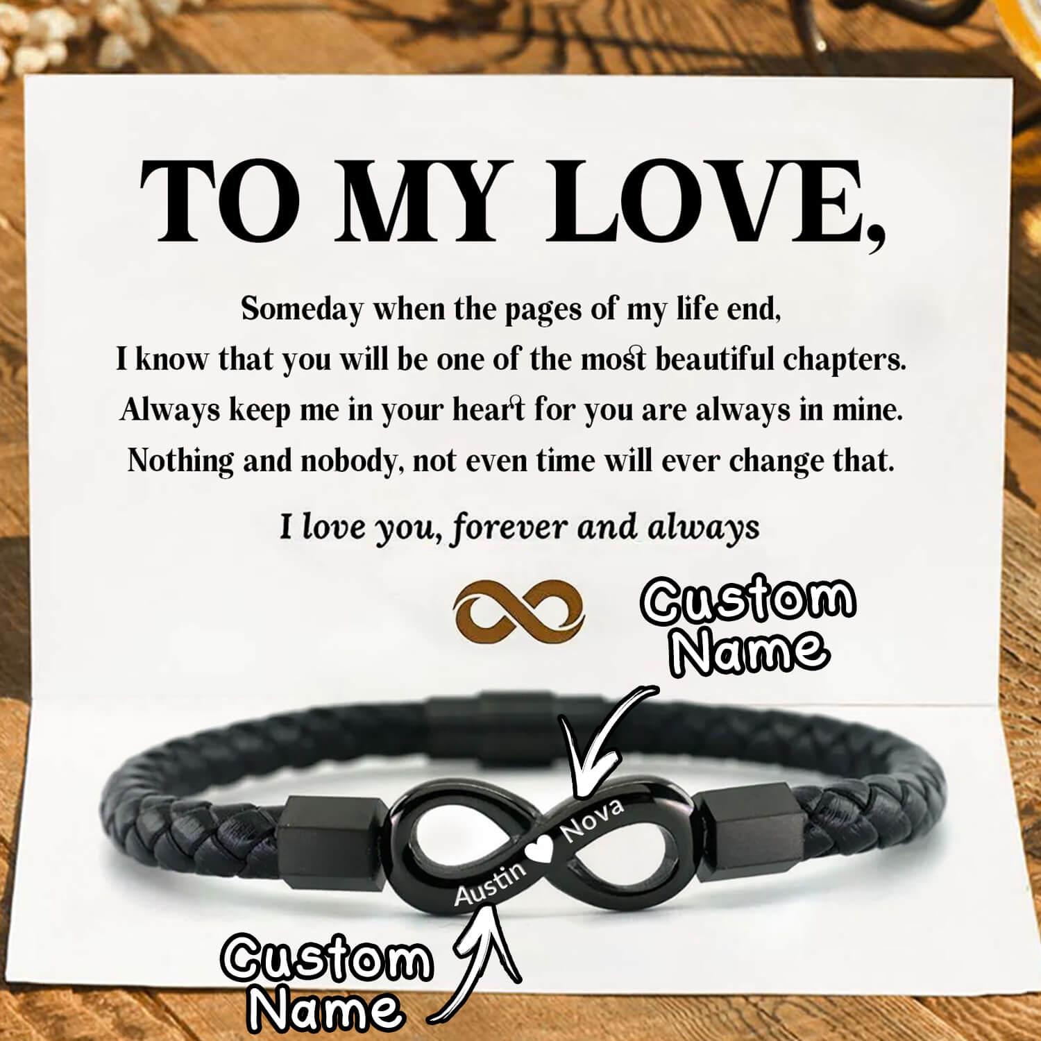 To My Love - I Love You Forever And Always - Infinity Leather Bracelet