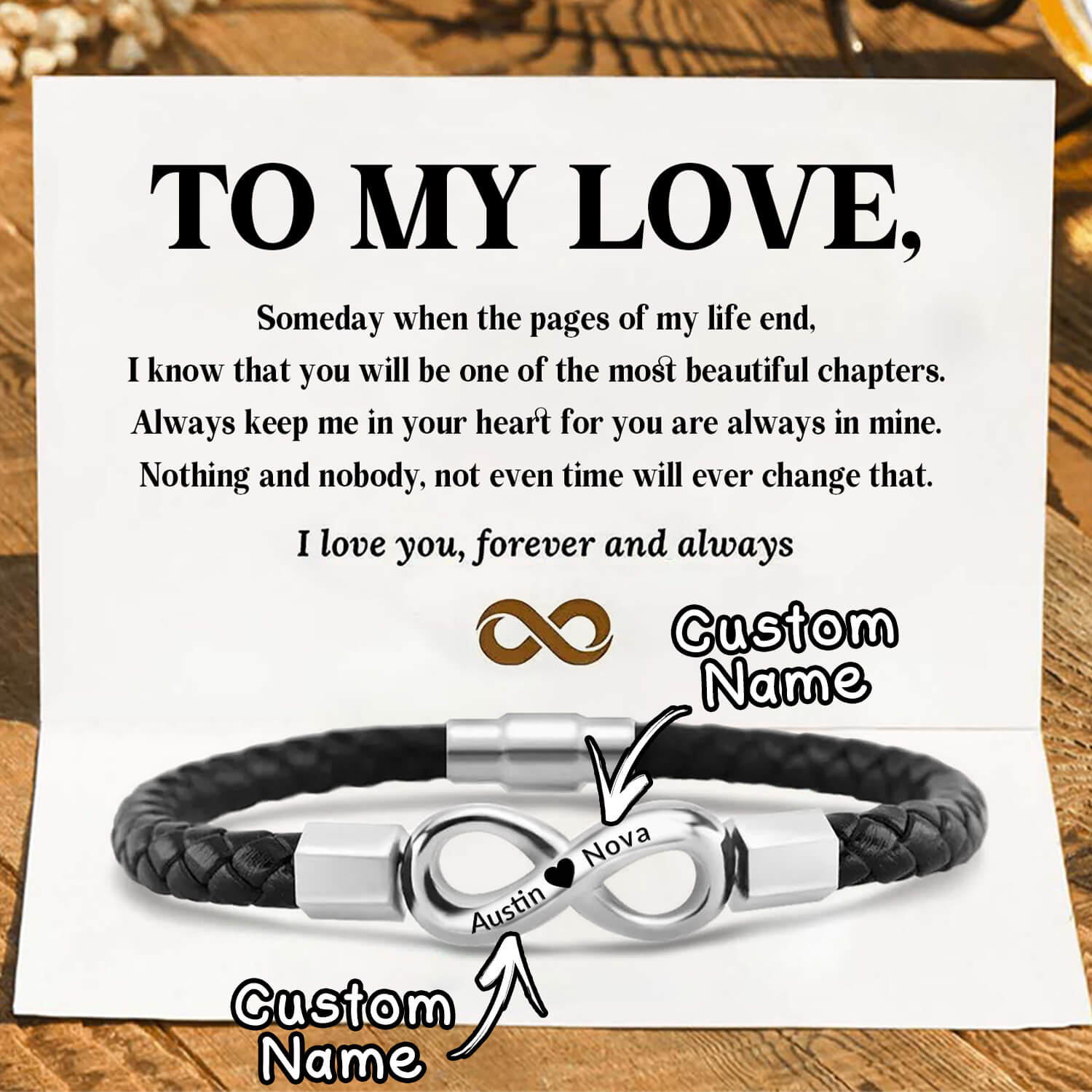 To My Love - I Love You Forever And Always - Infinity Leather Bracelet
