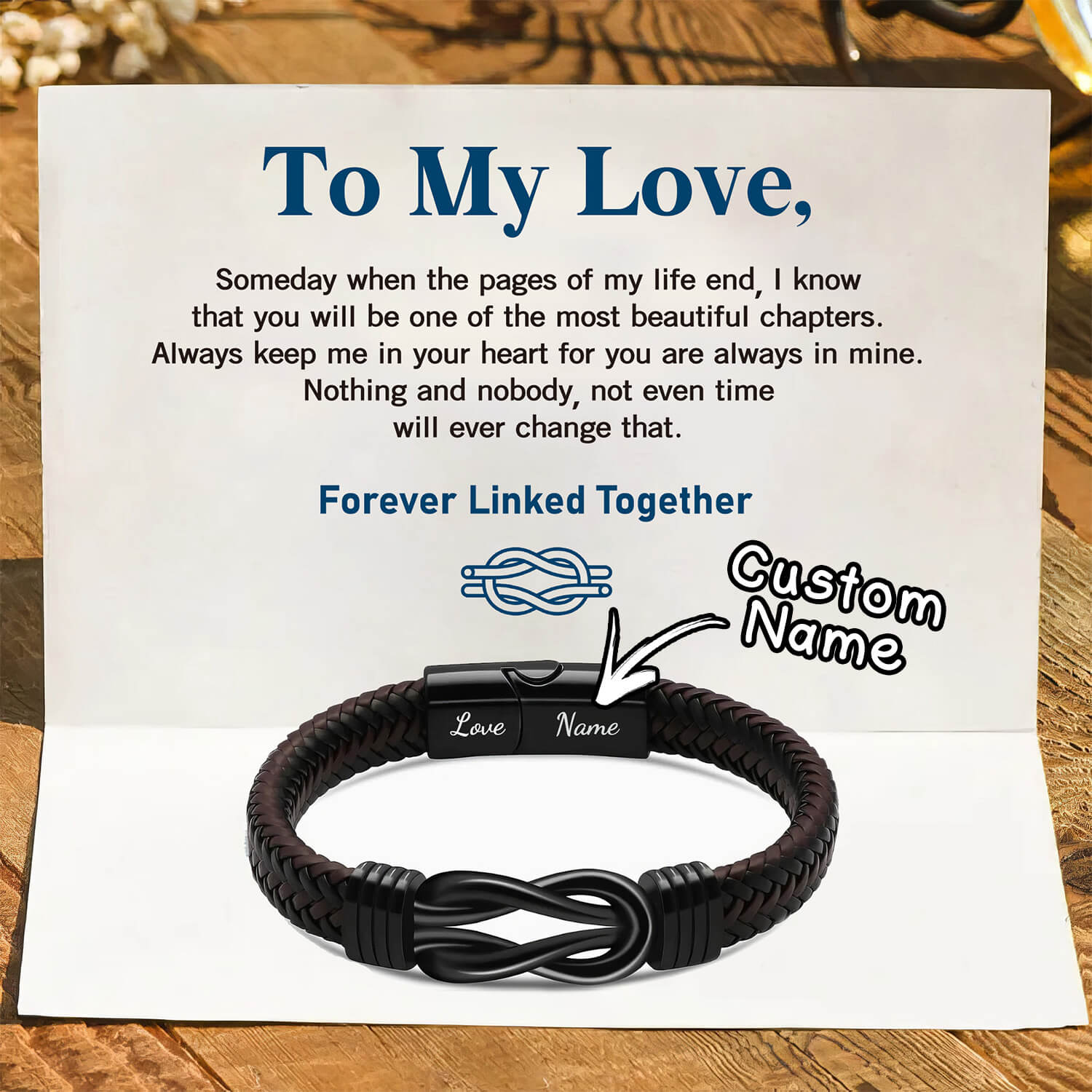 "Love Forever Linked Together" Black Braided Leather Bracelets