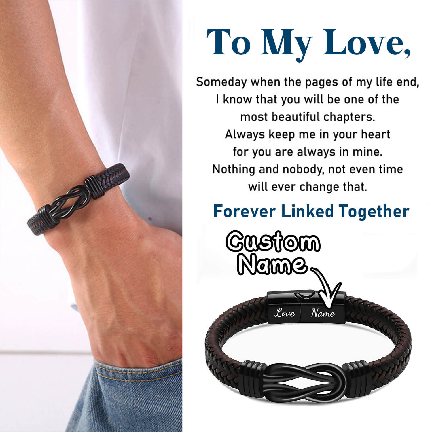 "Love Forever Linked Together" Black Braided Leather Bracelets