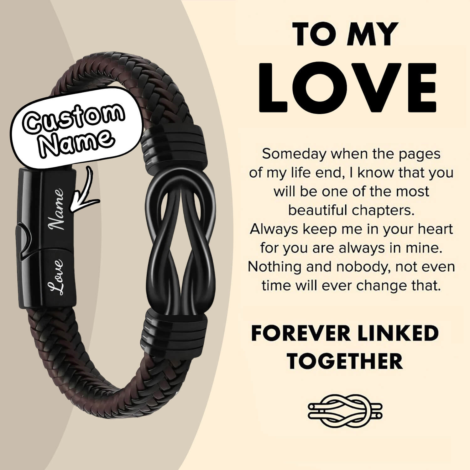"Love Forever Linked Together" Black Braided Leather Bracelets