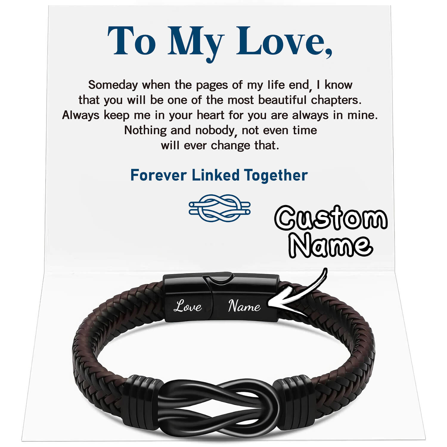 "Love Forever Linked Together" Black Braided Leather Bracelets