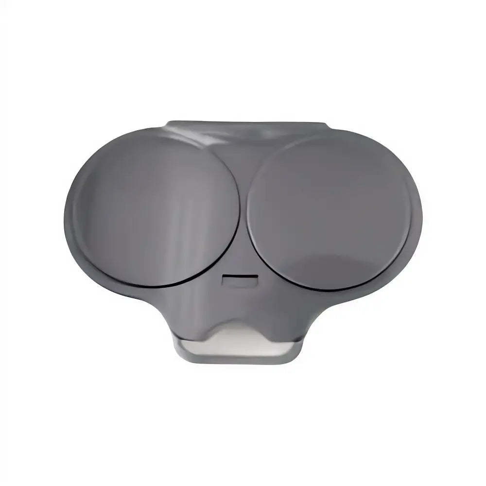 A dark gray plastic dual-cup holder or organizer with two circular compartments and a small rectangular slot in the center, shown on a plain white background.