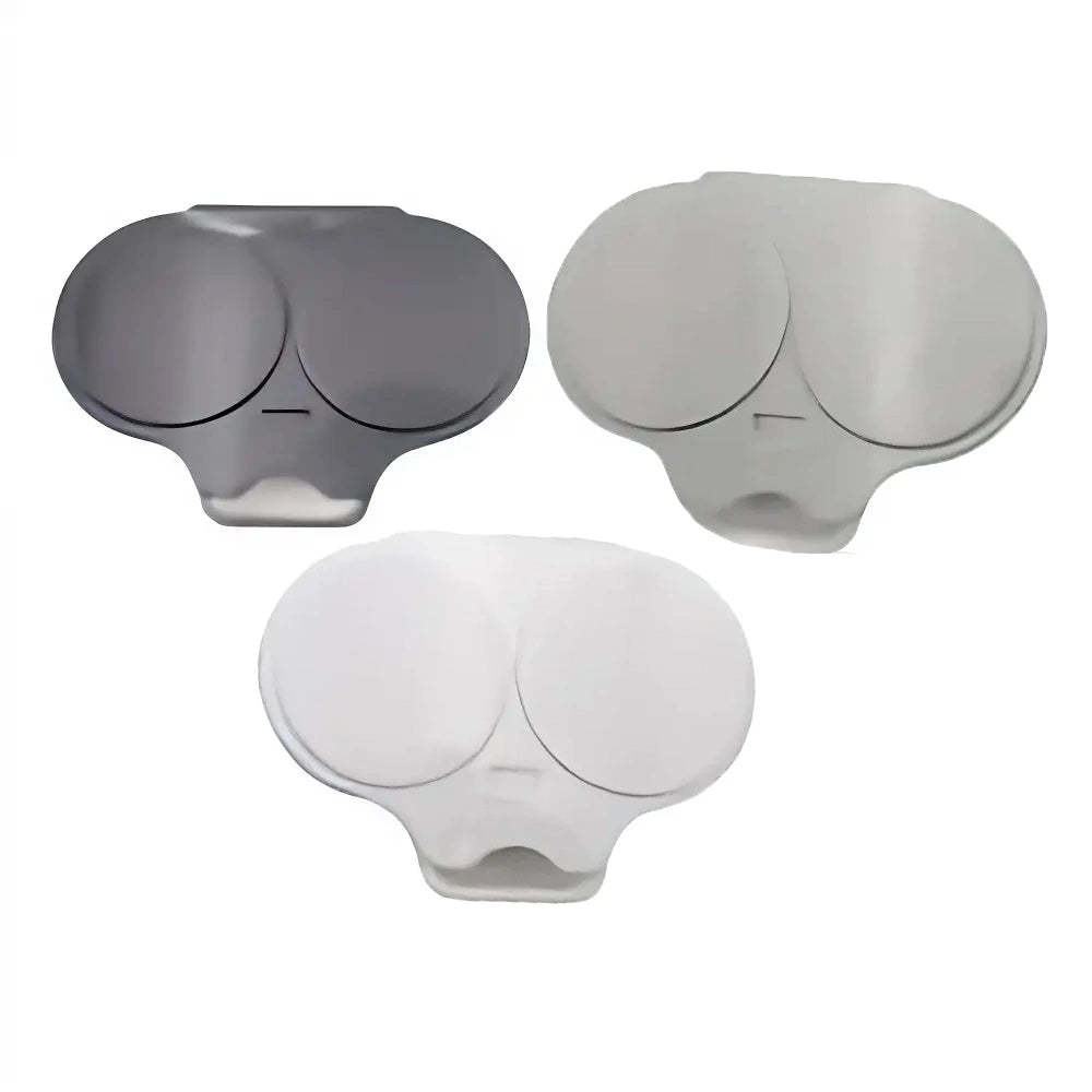Three oval-shaped replacement lens covers for eyeglasses shown in dark gray, light gray, and white, arranged on a plain white background.