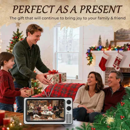 Family gathered around a Christmas tree with a gift exchange, surrounded by festive decorations.