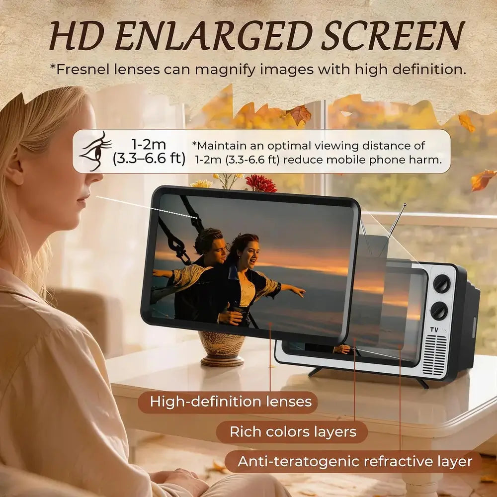 A woman in a beige top is shown in profile using a large HD screen viewer device over a TV, with marketing text highlighting high-definition lenses, rich colors, and anti-teratogenic refractive layers. The scene includes a window with autumn leaves in the background.