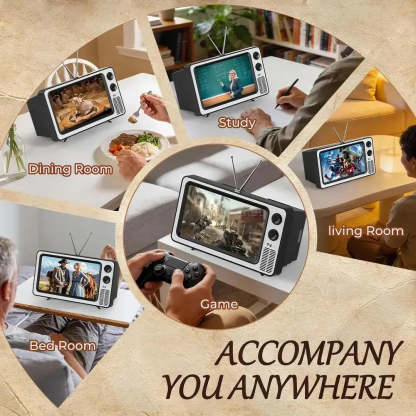 A promotional collage showing a portable retro-style television game console in multiple real-world settings: dining room, study, living room, bedroom, and game area. The central TV displays a video game scene, and the surrounding inset scenes show people using or watching the device.