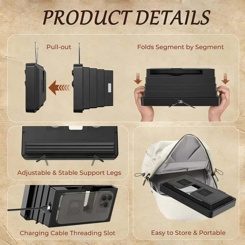 Product details of a black device with adjustable legs and storage features on a beige background.