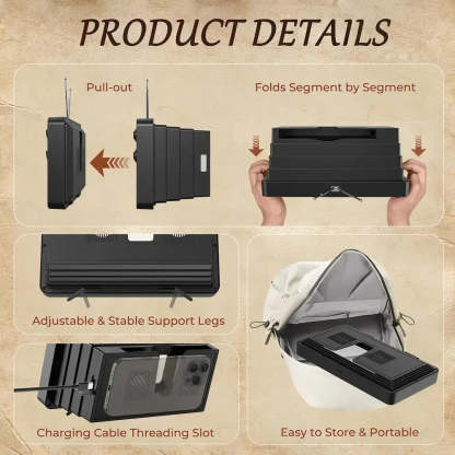 Product details of a black device with adjustable legs and storage features on a beige background.
