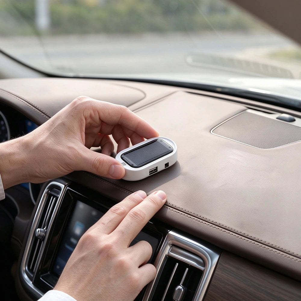 A person's hands placing a small white and black electronic device onto a brown leather car dashboard inside a vehicle.