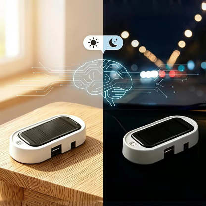 A white rectangular solar-powered car accessory with a black top panel is shown in a split-screen comparison. The left half shows it resting on a wooden table in warm natural light, with glowing circuit-style graphics and sun/moon icons above suggesting smart lighting control.