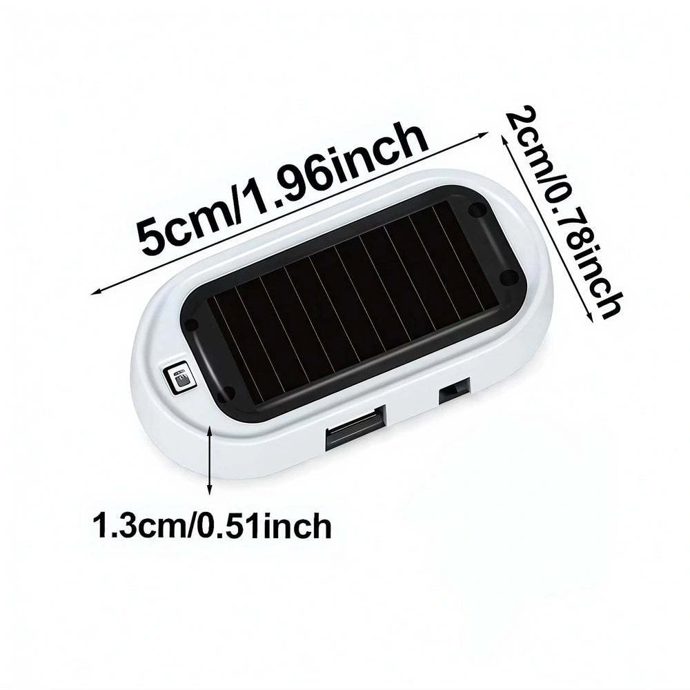 A small white and black solar power bank with dimension labels showing 5cm length, 2cm width, and 1.3cm depth on a white background.