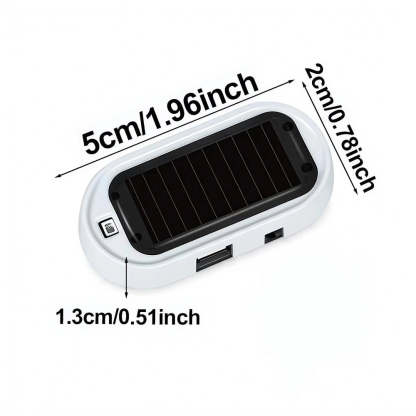 A small white and black solar power bank with dimension labels showing 5cm length, 2cm width, and 1.3cm depth on a white background.