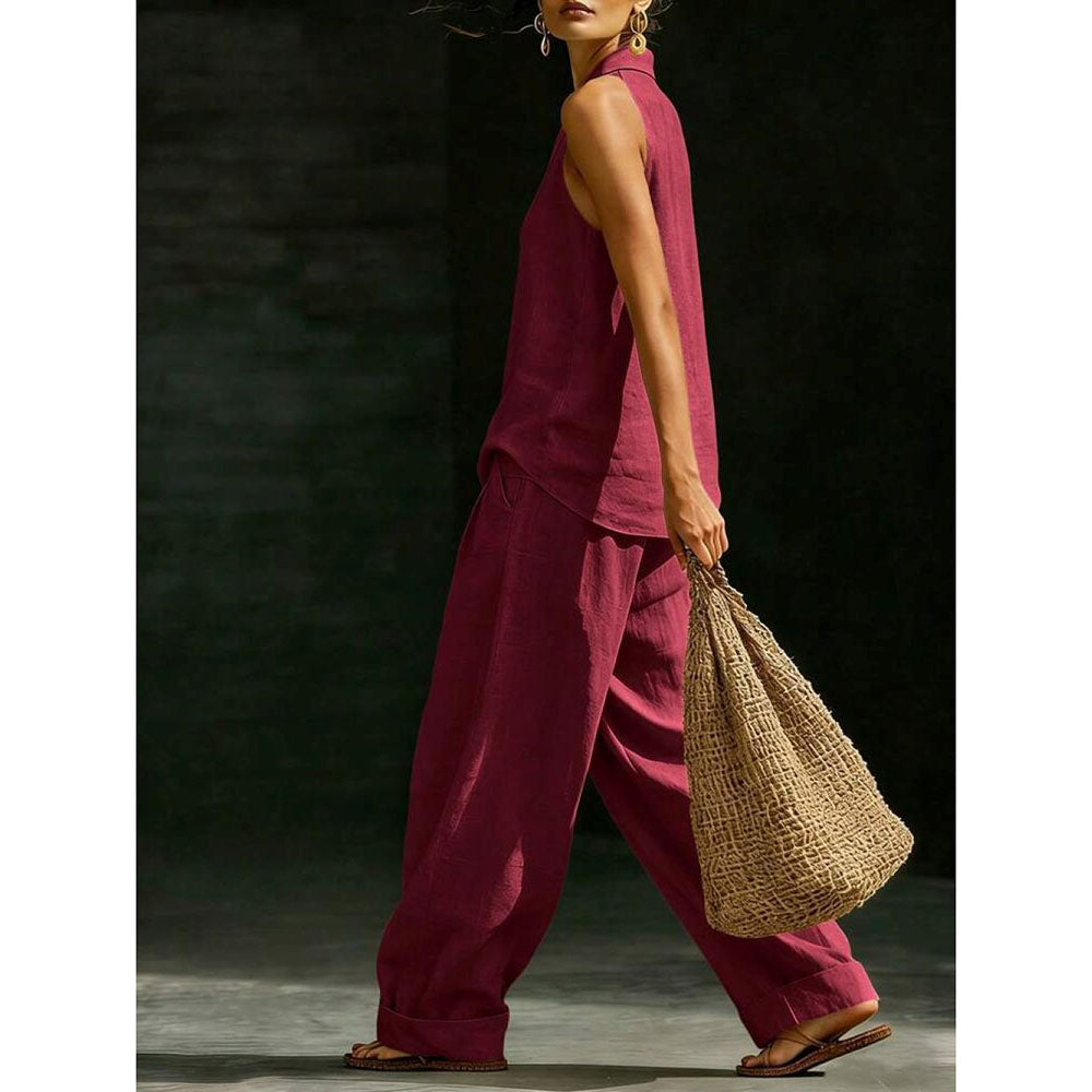 Women's Stand Collar Sleeveless Top & High-Waist Wide-Leg Pants Set
