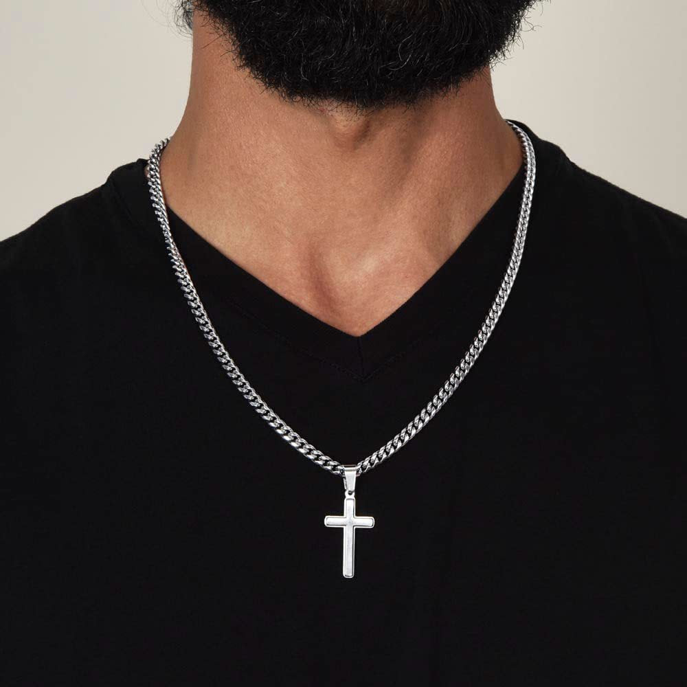 To My Bonus Son - "My Family Forever" Artisan Cross Cuban Link Chain Gift Set