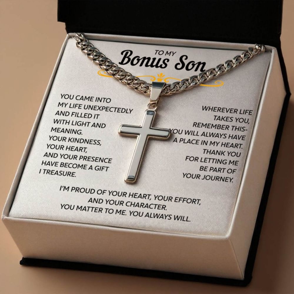 To My Bonus Son - "My Family Forever" Artisan Cross Cuban Link Chain Gift Set