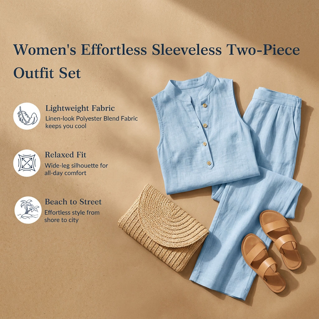 Women's Stand Collar Sleeveless Top & High-Waist Wide-Leg Pants Set