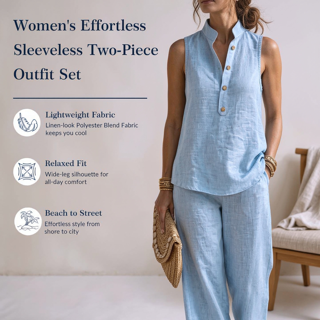 Women's Stand Collar Sleeveless Top & High-Waist Wide-Leg Pants Set