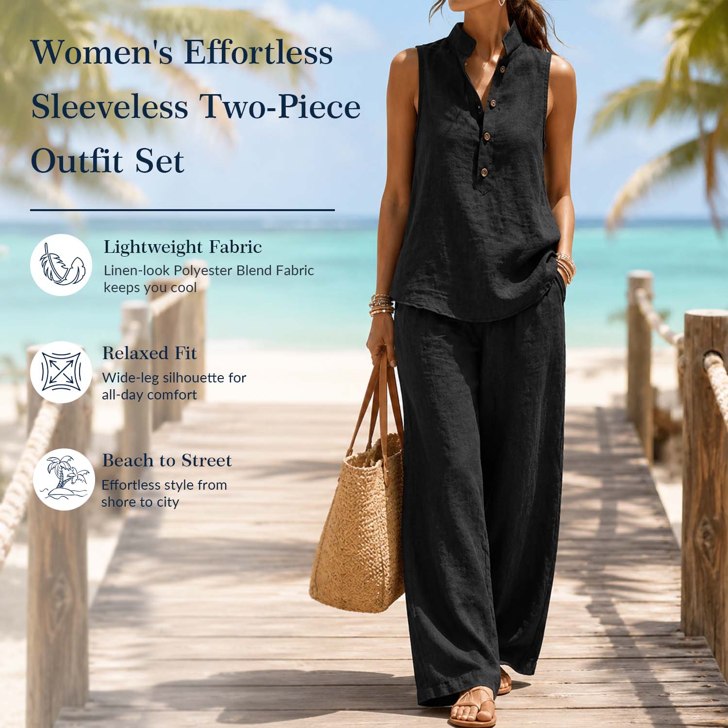 Women's Stand Collar Sleeveless Top & High-Waist Wide-Leg Pants Set