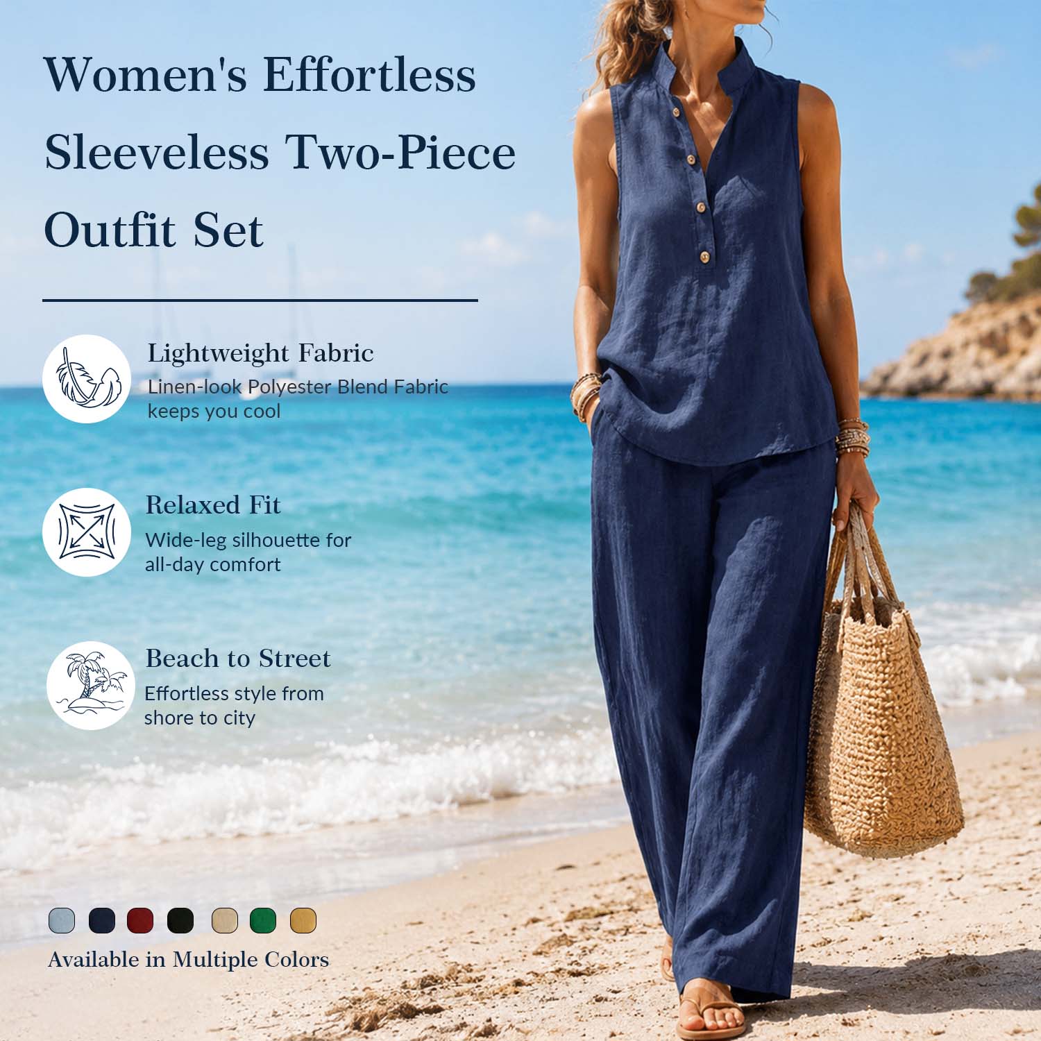 Women's Stand Collar Sleeveless Top & High-Waist Wide-Leg Pants Set