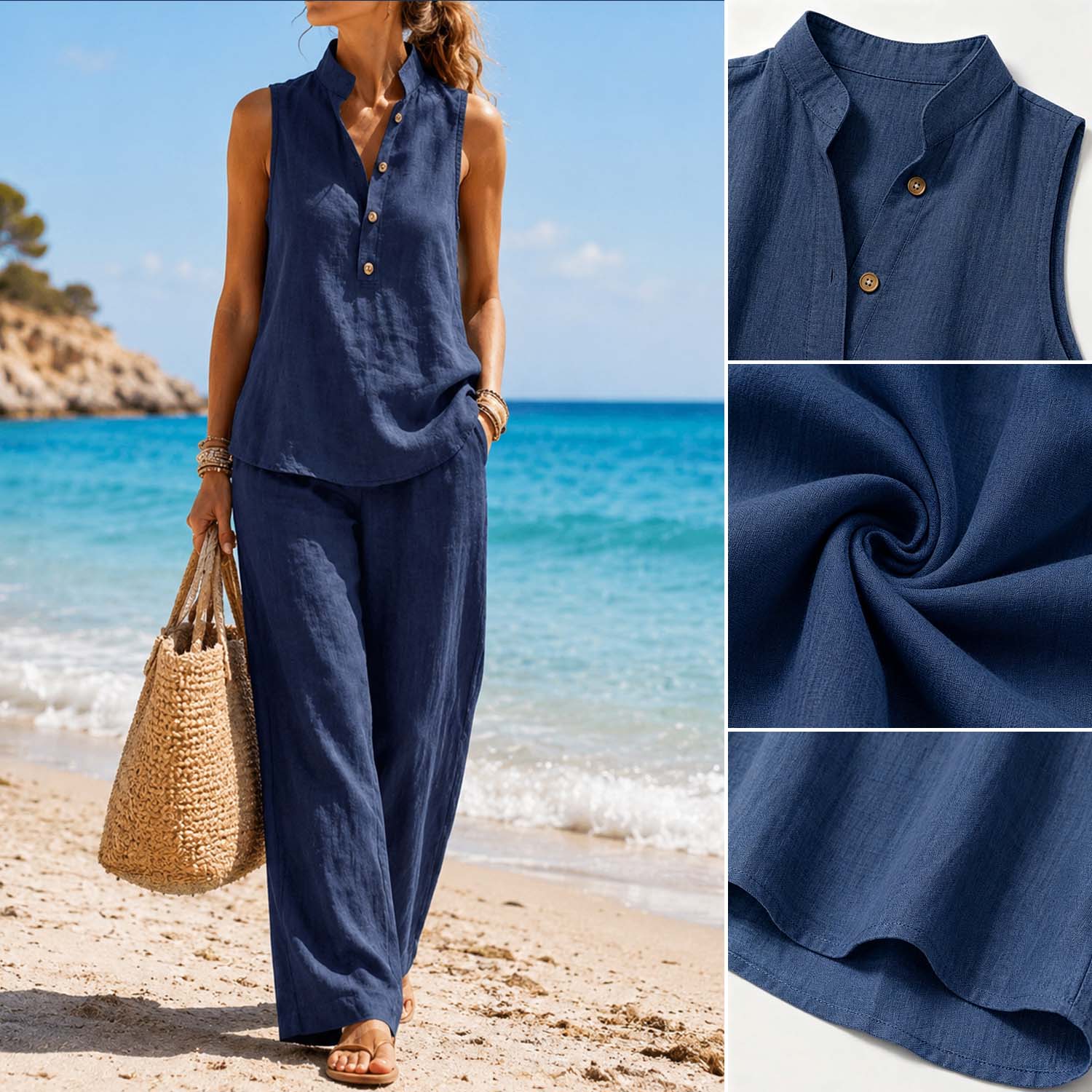 Women's Stand Collar Sleeveless Top & High-Waist Wide-Leg Pants Set