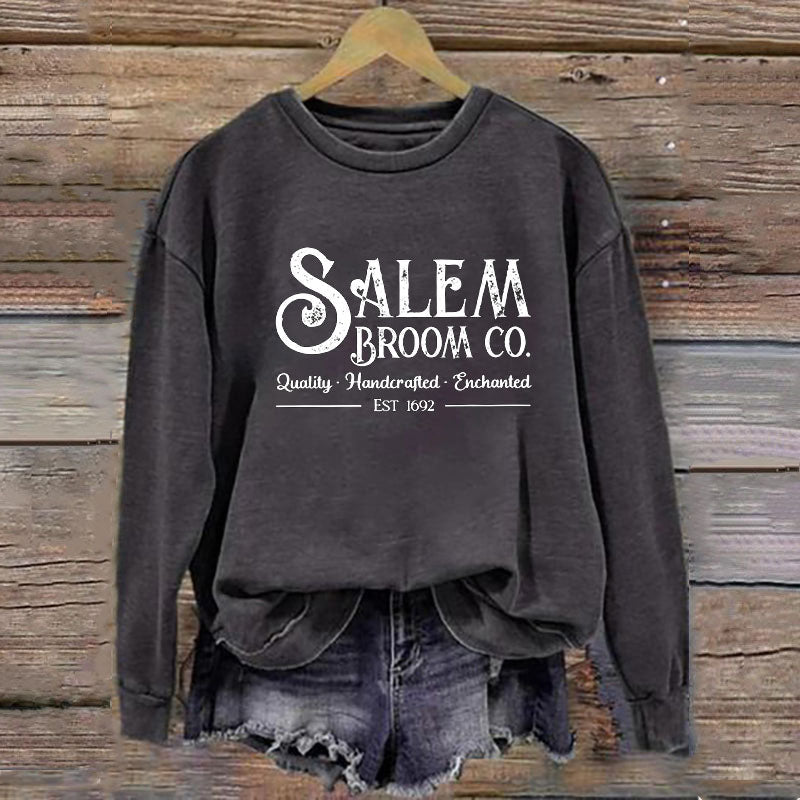 Women's Salem Broom Co Quality Enchanted Est 1692 Printed Round Neck Long Sleeve Sweatshirt