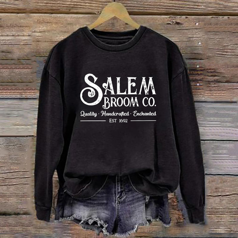 Women's Salem Broom Co Quality Enchanted Est 1692 Printed Round Neck Long Sleeve Sweatshirt