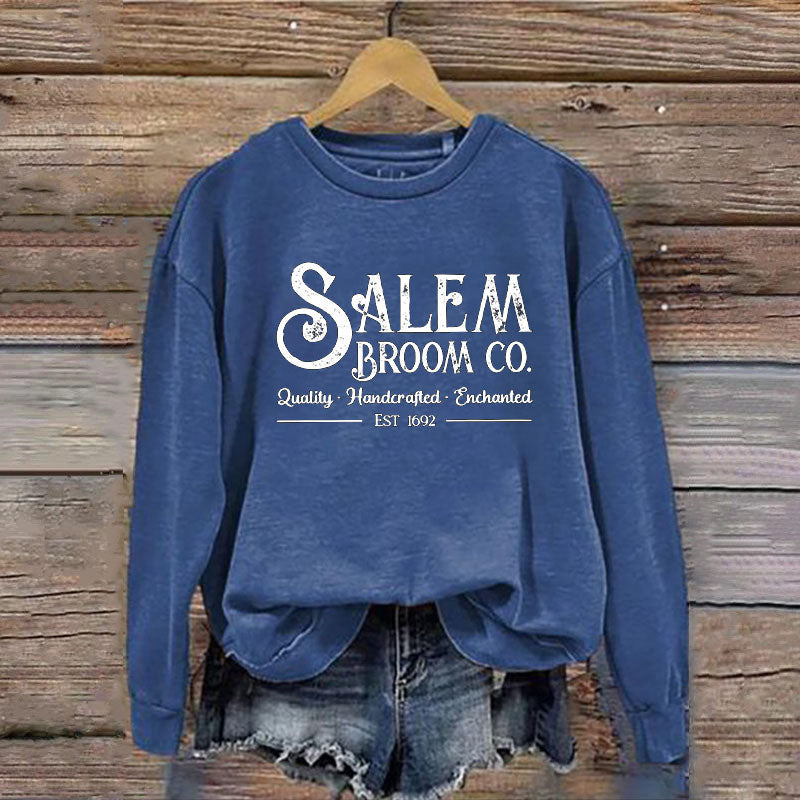 Women's Salem Broom Co Quality Enchanted Est 1692 Printed Round Neck Long Sleeve Sweatshirt