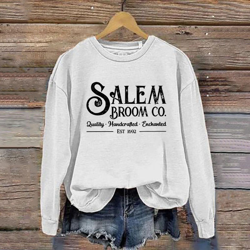 Women's Salem Broom Co Quality Enchanted Est 1692 Printed Round Neck Long Sleeve Sweatshirt