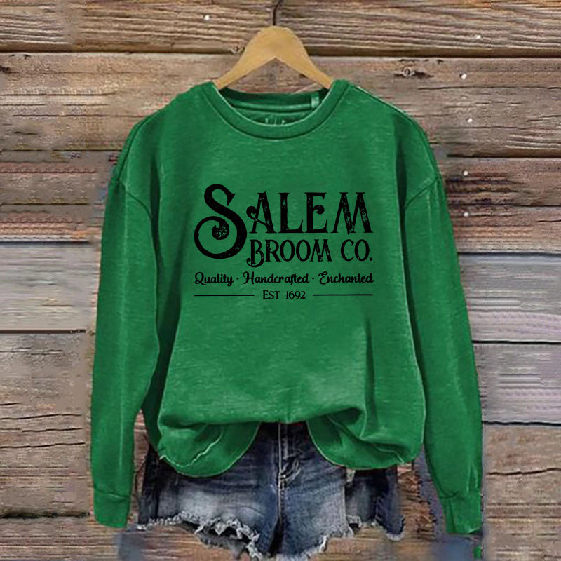 Women's Salem Broom Co Quality Enchanted Est 1692 Printed Round Neck Long Sleeve Sweatshirt