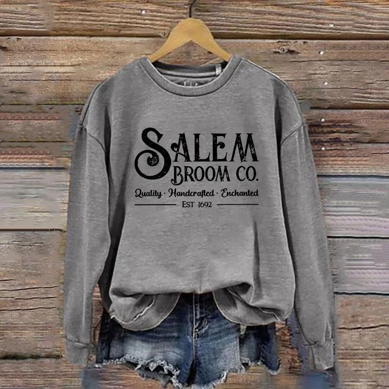 Women's Salem Broom Co Quality Enchanted Est 1692 Printed Round Neck Long Sleeve Sweatshirt