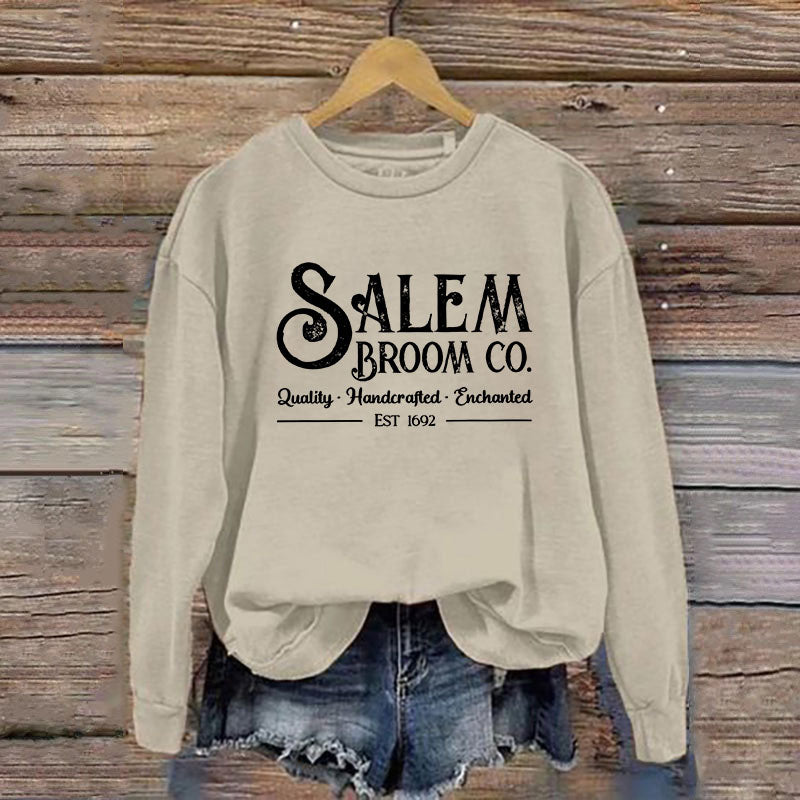 Women's Salem Broom Co Quality Enchanted Est 1692 Printed Round Neck Long Sleeve Sweatshirt
