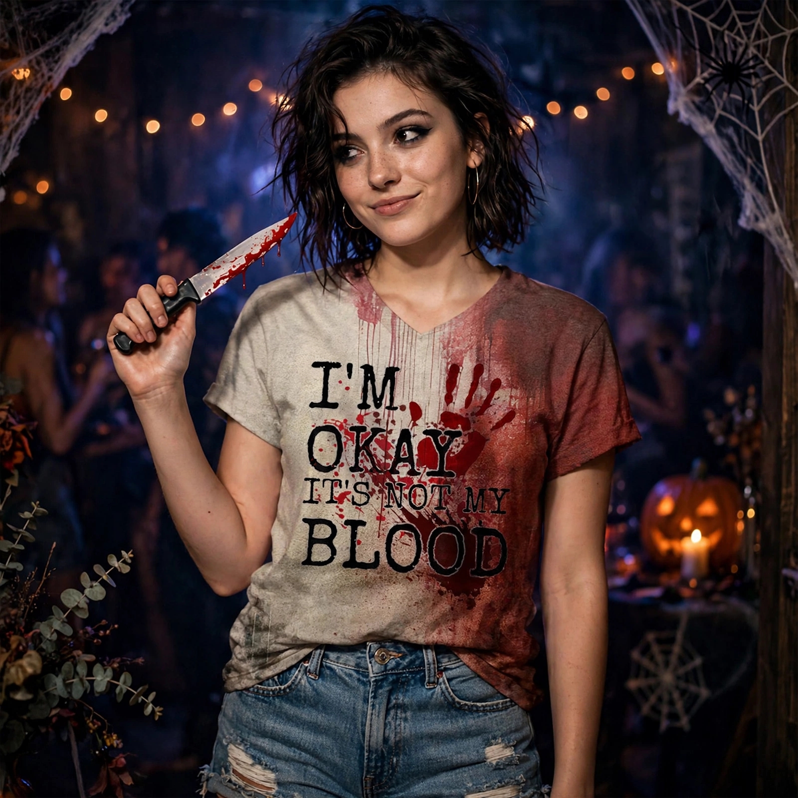 Women'S Halloween I'M OKAY It'S Not My Blood Print V-Neck Tee