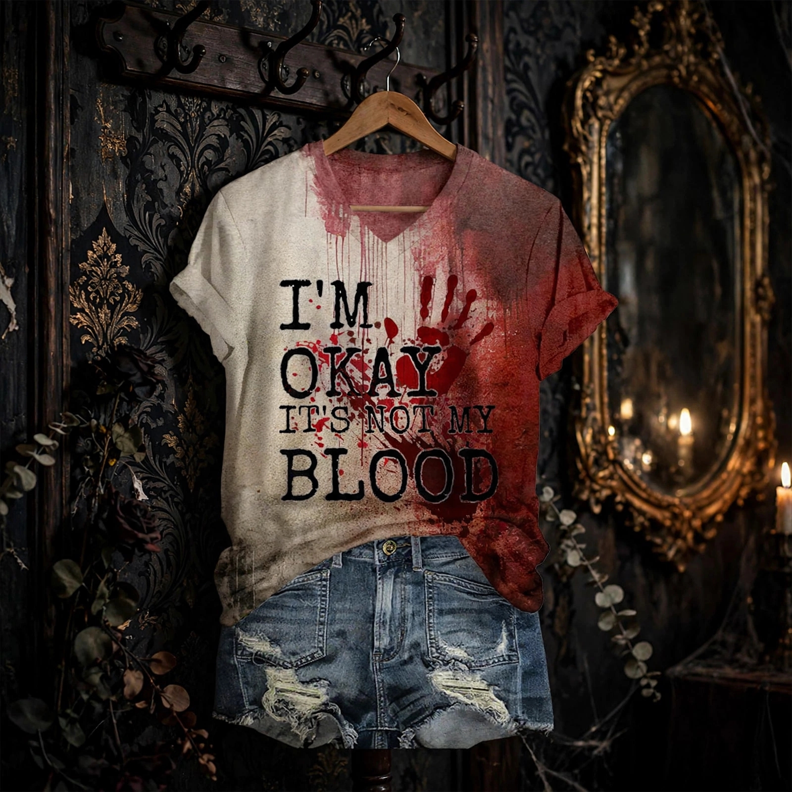 Women'S Halloween I'M OKAY It'S Not My Blood Print V-Neck Tee