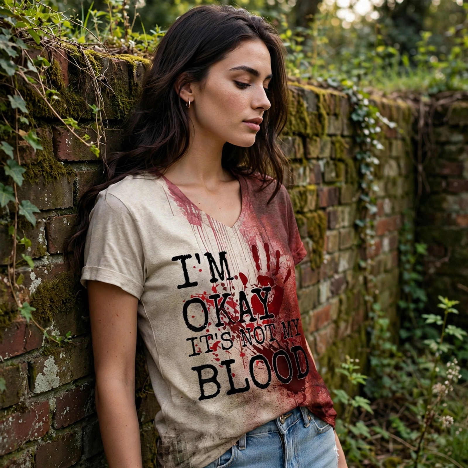 Women'S Halloween I'M OKAY It'S Not My Blood Print V-Neck Tee