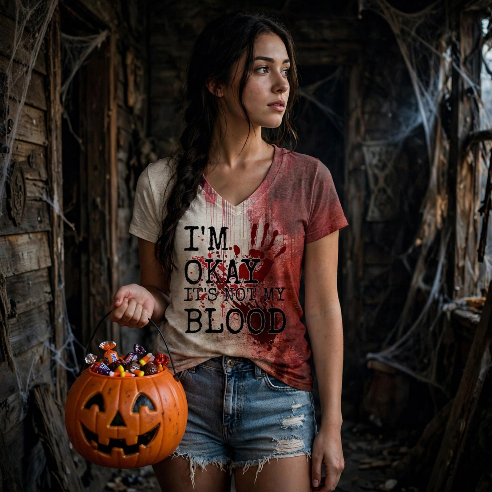 Women'S Halloween I'M OKAY It'S Not My Blood Print V-Neck Tee