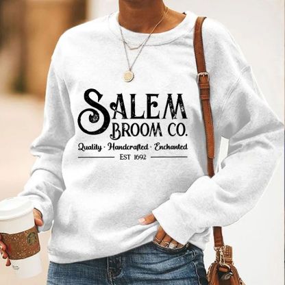 Women's Salem Broom Co Quality Enchanted Est 1692 Printed Round Neck Long Sleeve Sweatshirt