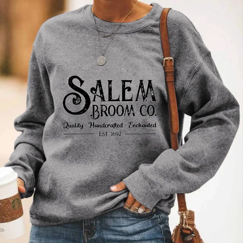 Women's Salem Broom Co Quality Enchanted Est 1692 Printed Round Neck Long Sleeve Sweatshirt