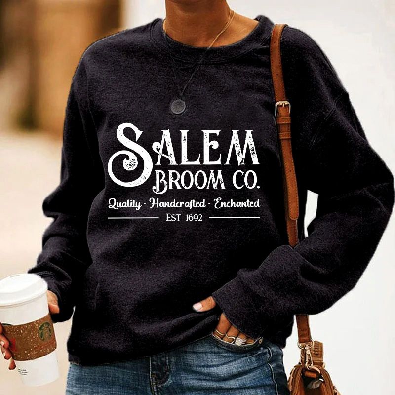 Women's Salem Broom Co Quality Enchanted Est 1692 Printed Round Neck Long Sleeve Sweatshirt