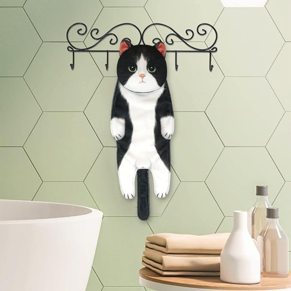 Adorable Cat Hand Towel With Hanging Loop - Tuxedo Cat