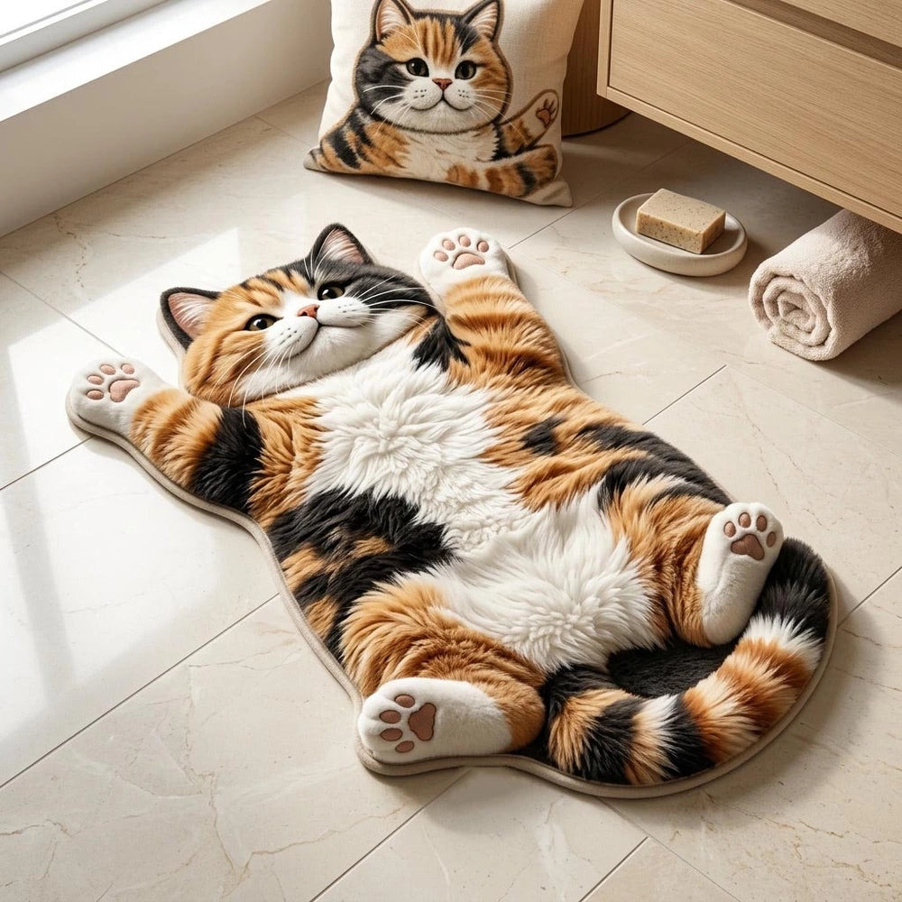 Chubby cat shaped rug featuring a relaxed lying tabby cat design