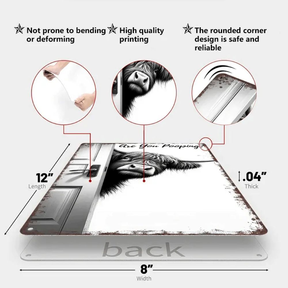 Vintage Highland Cow Metal Sign – Funny"Are You Pooping?" Wall Decor - BW011