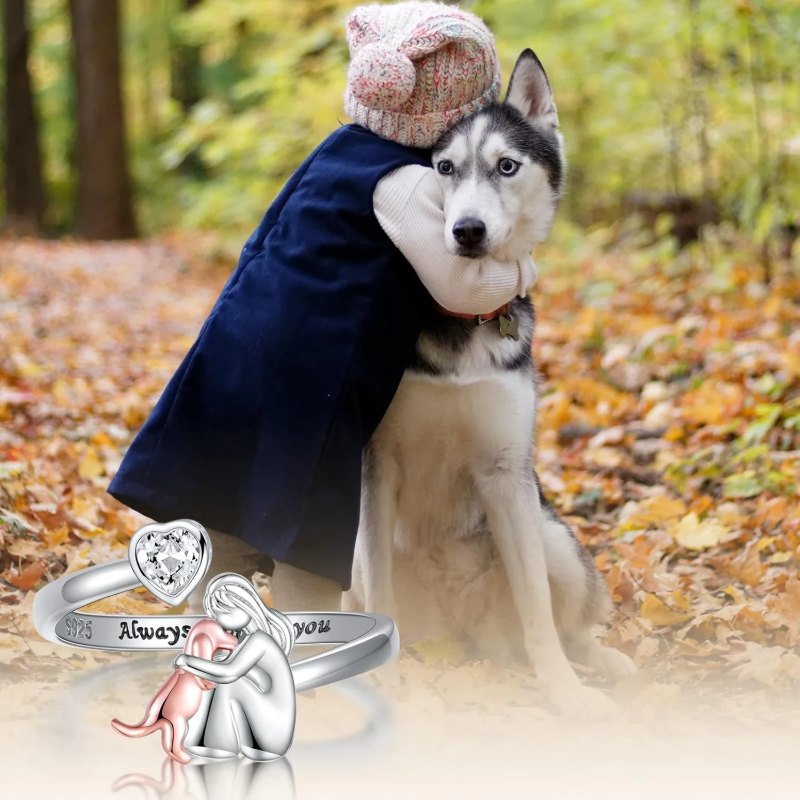 925 Sterling Silver Dog Ring wit Zirconia - Adjustable