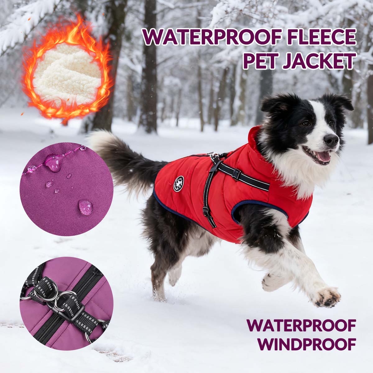 Waterproof Pet Jacket with Built-in Harness, Fleece Lining & Reflective Design